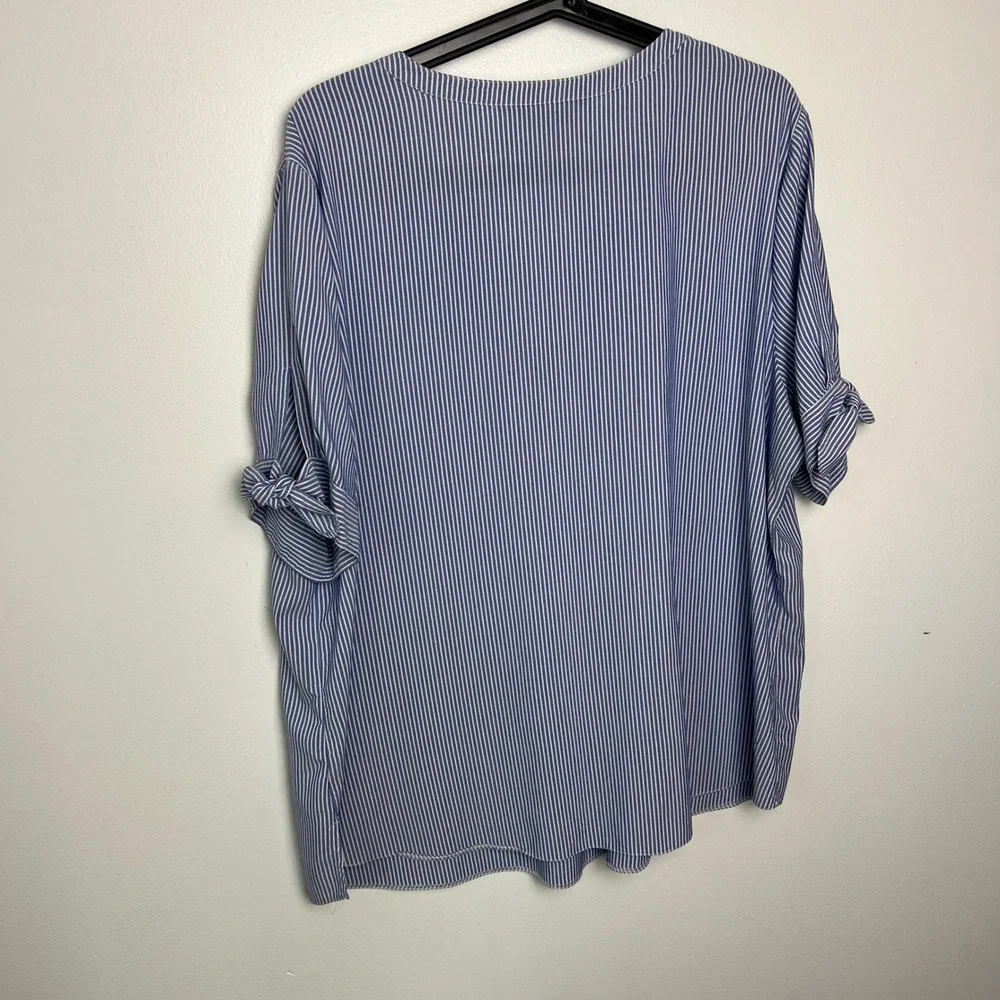 F&F Blue White Stripe Collared V Neck Roll‎ Tab Sleeve Tunic Shirt Top Womens 18